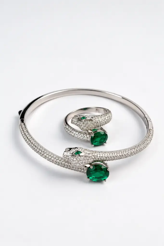 Italian 925 sterling silver bracelet and ring set with green stones.