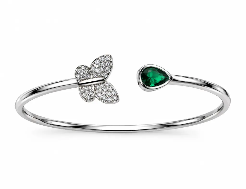 Silver Butterfly & Green Stone Cuff Bracelet