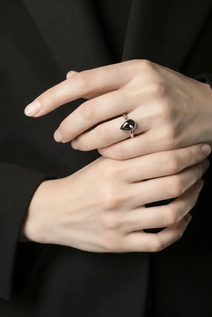 Elegant silver ring with a black teardrop stone.