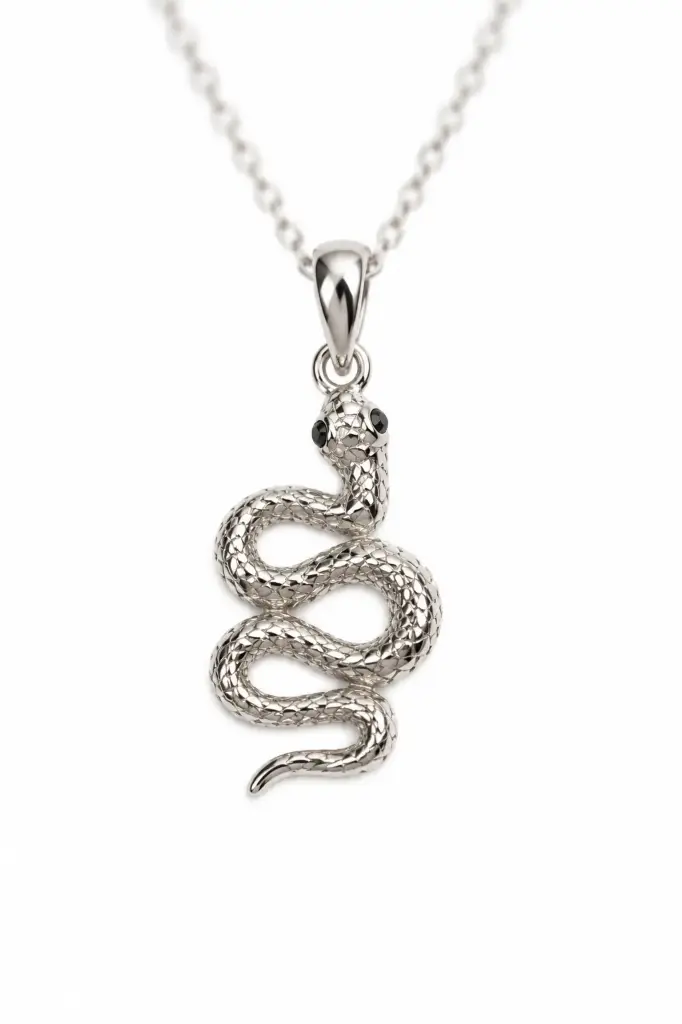 925 sterling silver snake pendant with black eyes.