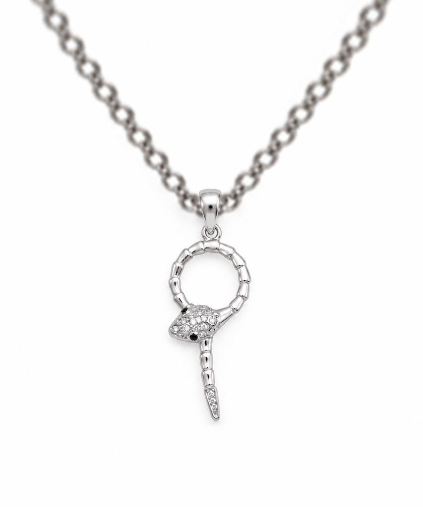 Silver snake pendant with a bold design and sparkling details.