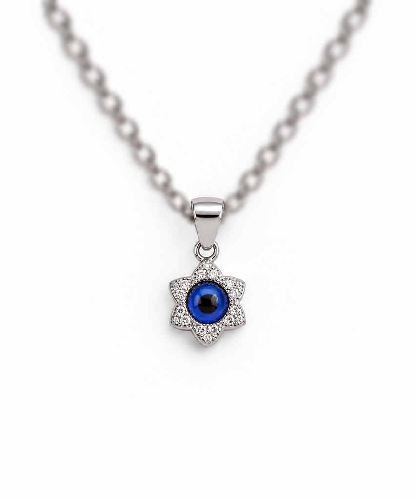 925 sterling silver blue eye star pendant with sparkling stones.