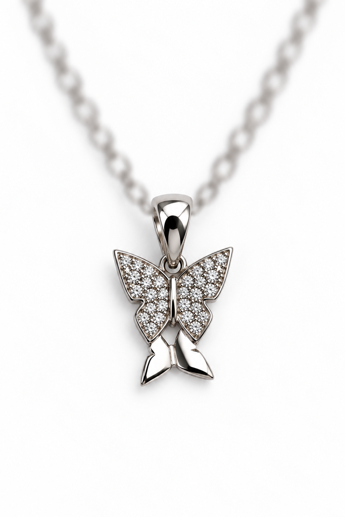 925 sterling silver butterfly pendant with sparkling stones.