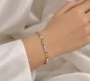 انسيال بلونين ذهبي وفضي بحلقات مستطيلة وفصوص بيضاء.