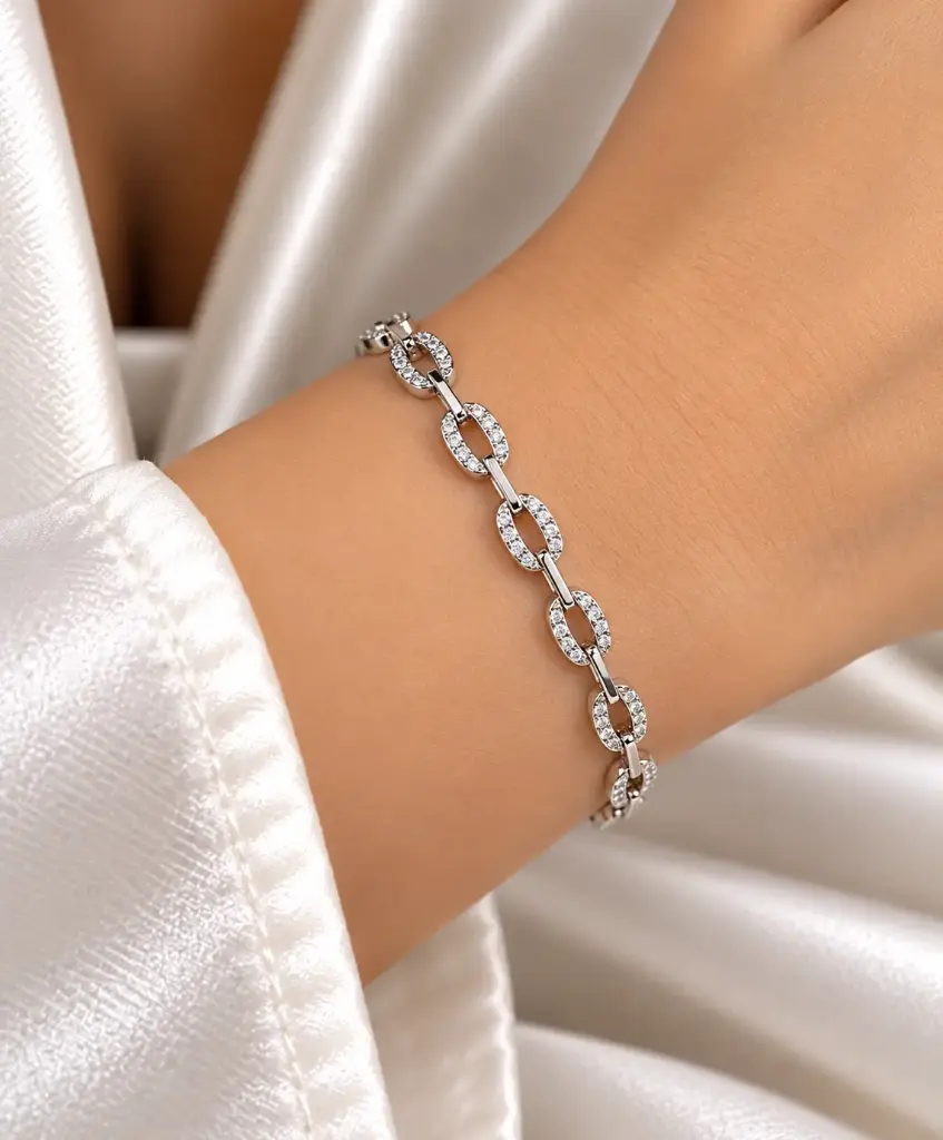925 sterling silver bracelet with white stone-set oval links and straight connectors.