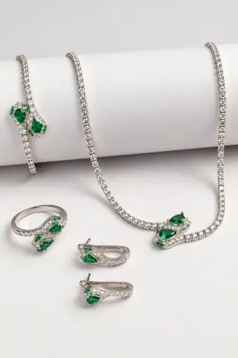 [SET-003] Italian 925 sterling silver green stone jewelry set.