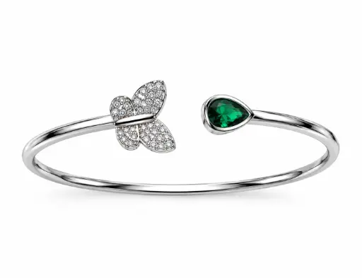 [BRC-001] Silver Butterfly & Green Stone Cuff Bracelet