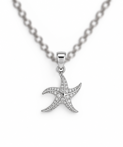 [PEN-010] 925 sterling silver starfish pendant with sparkling stones.