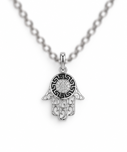 [PEN-011] 925 sterling silver hand pendant with black details and sparkling stones.