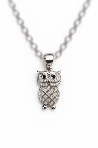 [PEN-014] 925 sterling silver owl pendant with sparkling stones and black eyes.