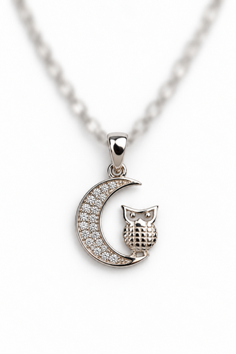 [PEN-021] 925 sterling silver moon & owl pendant with sparkling stones.